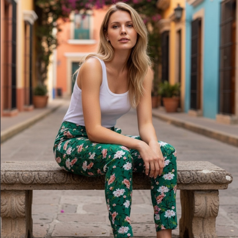 Old Navy floral printed pixie crop green pants 0